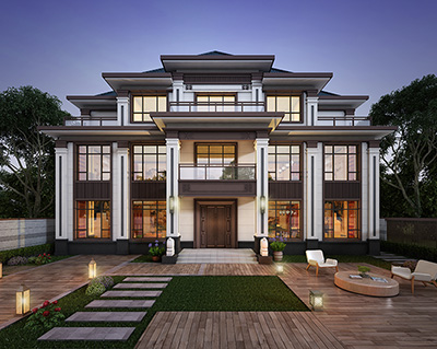 三层中式别墅设计方案纸及效果图大全BZ3741-新中式风格